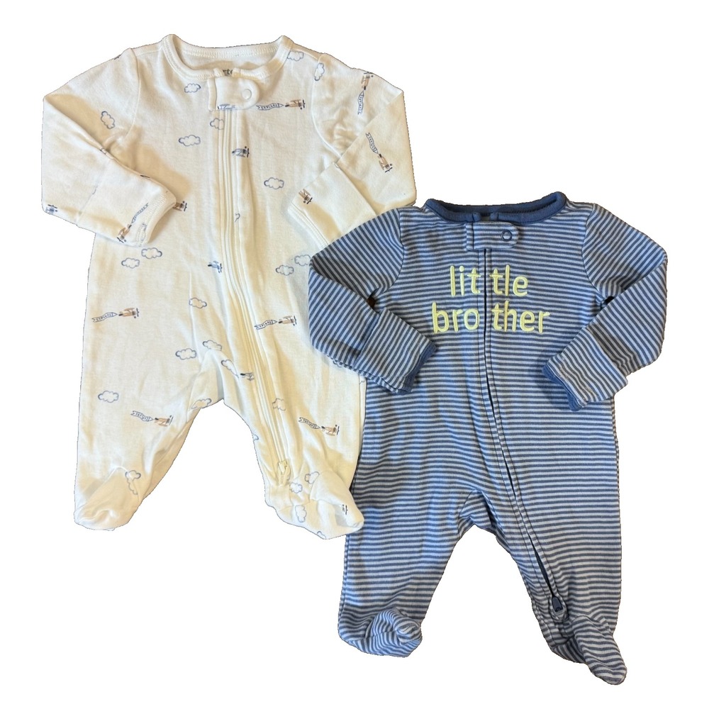 Baby Boy Newborn Sleepers Little Brother Airplane Outfits Zippered Sleep N Play